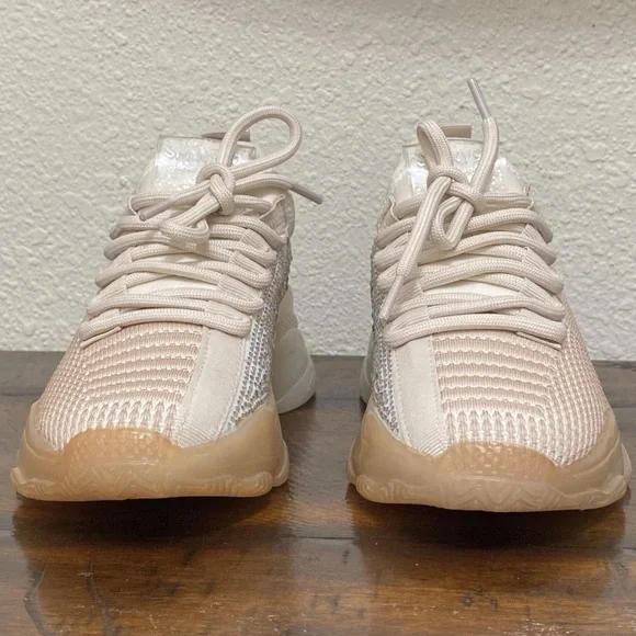 steve madden girl’s rhinestone sneaker tennis shoe athletic tan beige size 1 - Picture 1 of 12